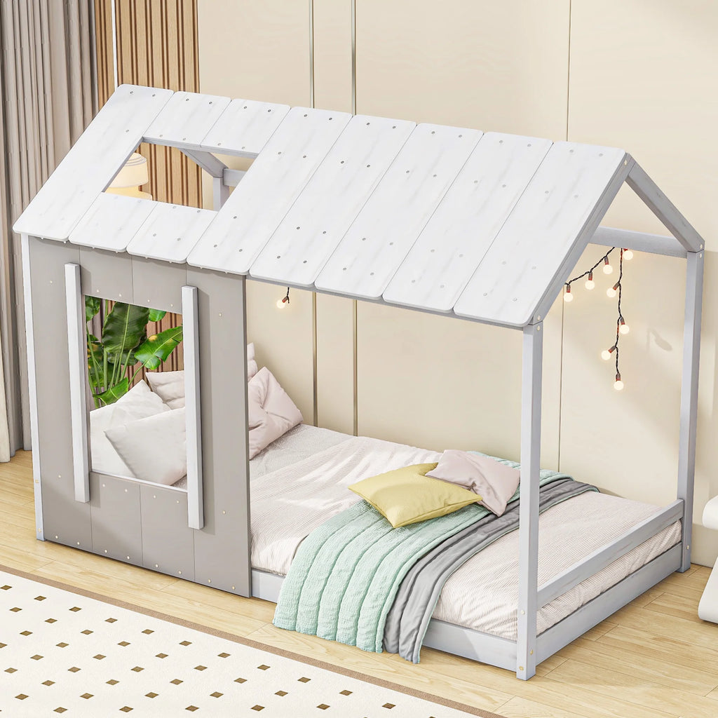 Wood Twin House Platform Bed with Roof and Window, Gray E454509