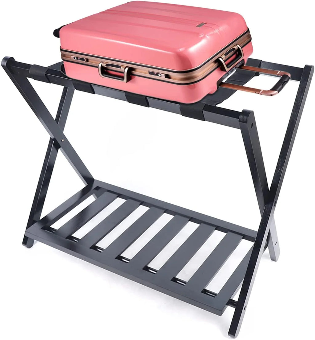 Black 2 Tiers Bamboo Wood Luggage Rack F381