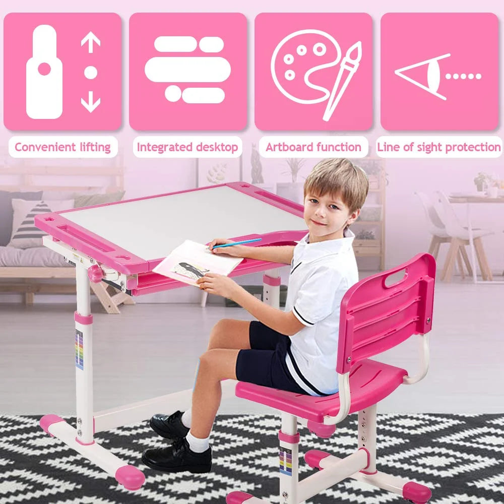 Kids Adjustable Height Ergonomic Desk and Chair Set with Storage Drawer J352129