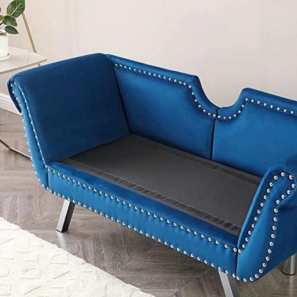Velvet Ottoman Bench with Back and Silver Metal Legs B751