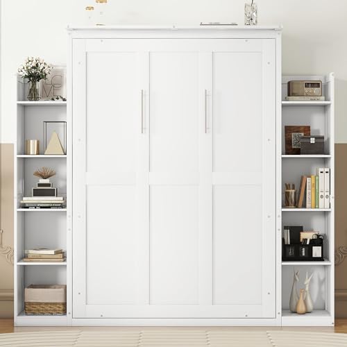 Queen Size Wood Murphy Bed with Shelves and LED Lights, Grey O3713