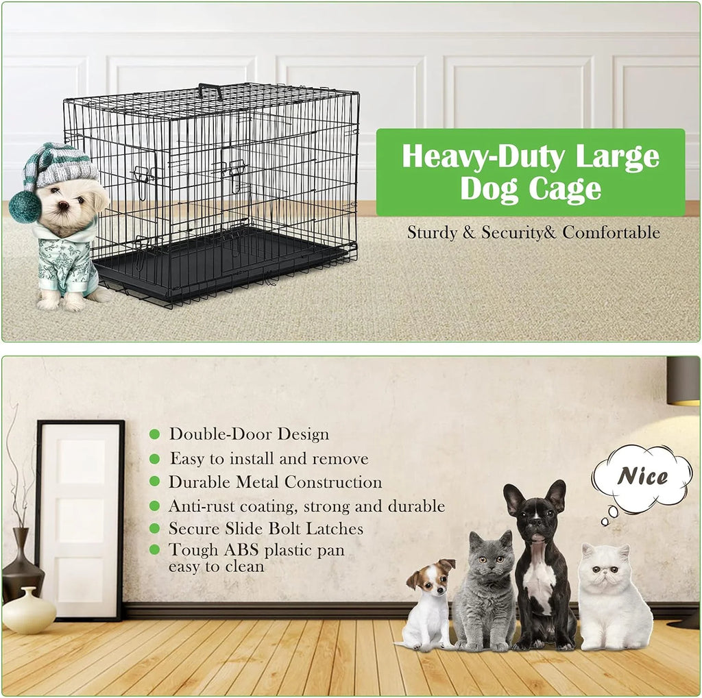 42 inch Double-Door Folding Metal Dog Crate with Plastic Tray C89384