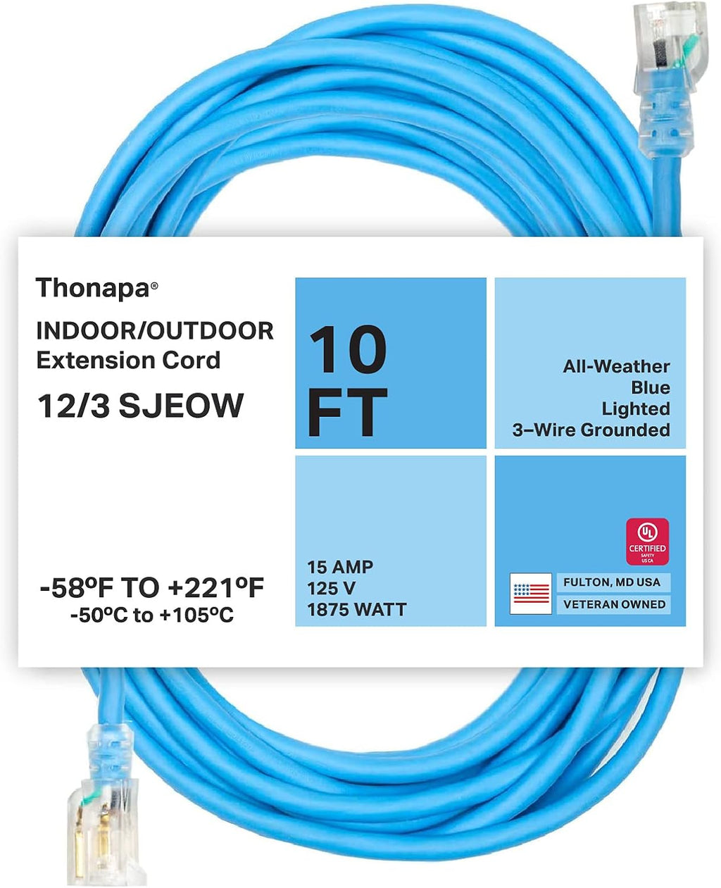 2 Pack 25 Ft All Weather Extension Cord with Lighted Outlet T203