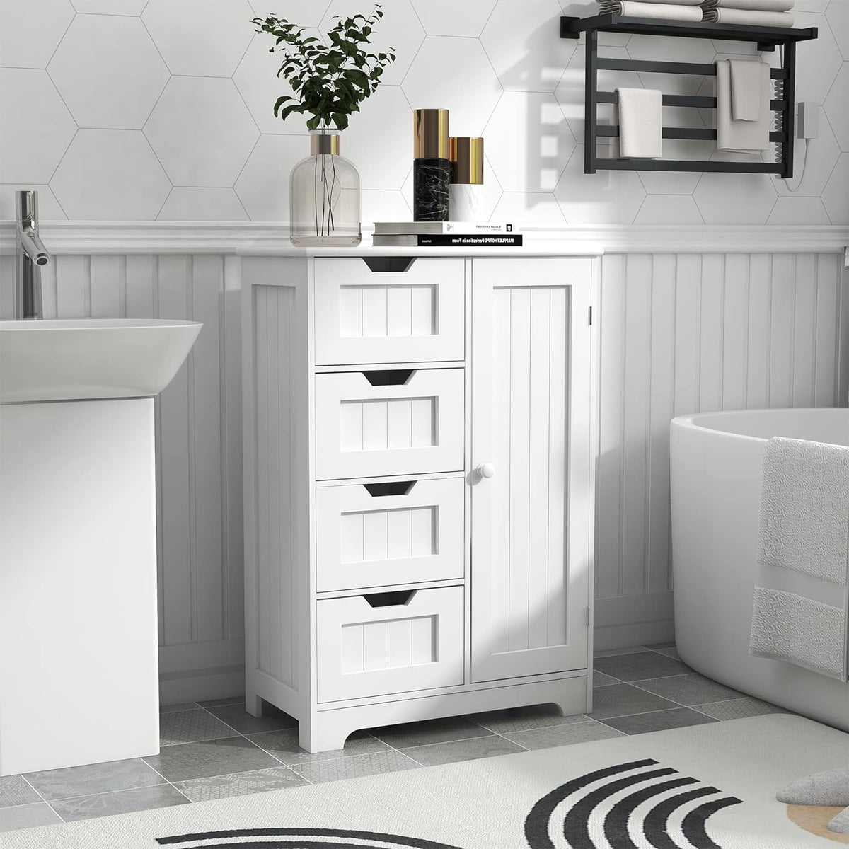 White Freestanding Bathroom Storage Cabinet with 4 Drawers and 1 Door M34542