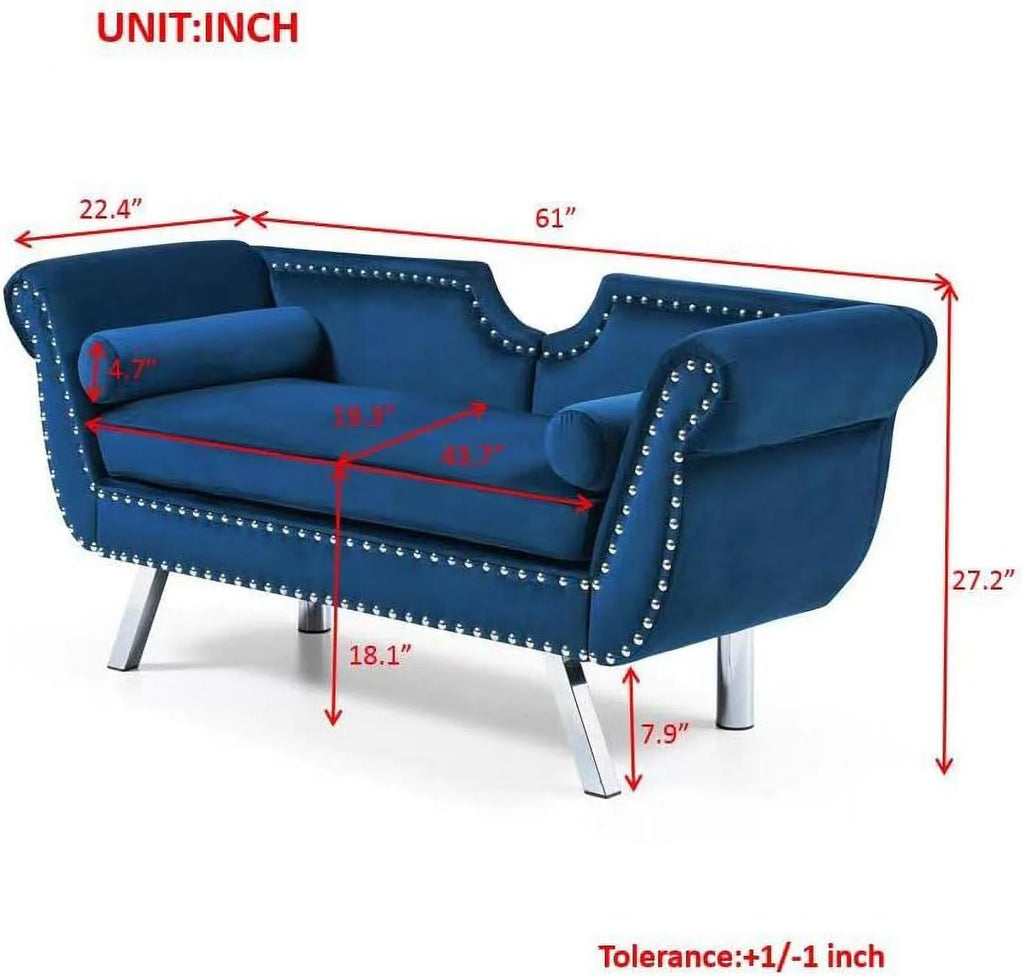 Velvet Ottoman Bench with Back and Silver Metal Legs B751