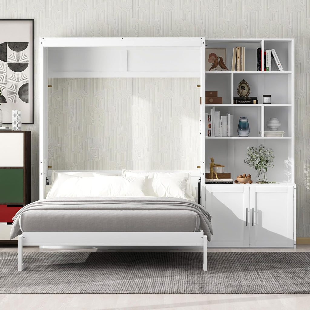 White Full Size Murphy Bed with Storage Cabinet and Shelves C692627