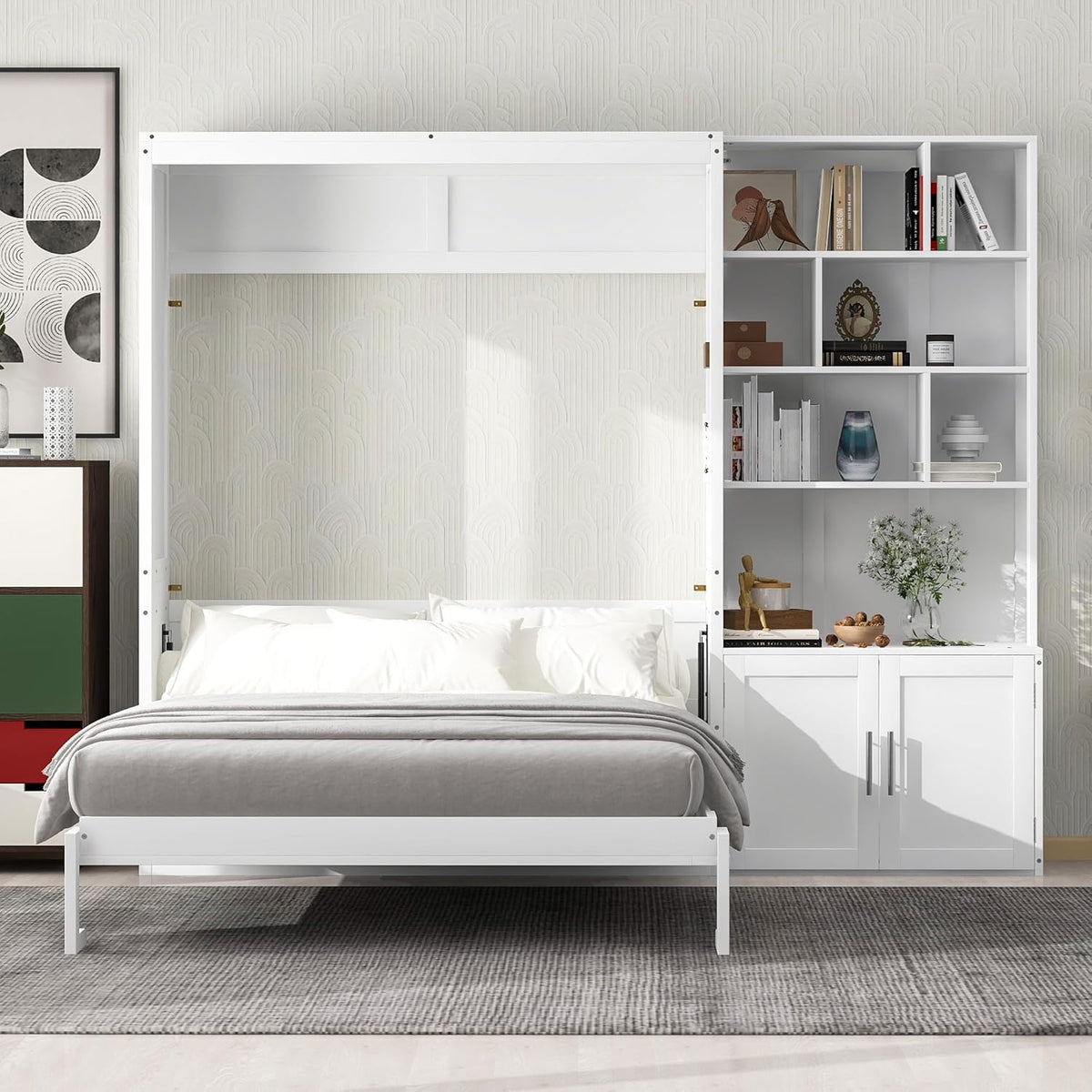 White Full Size Murphy Bed with Storage Cabinet and Shelves C692627