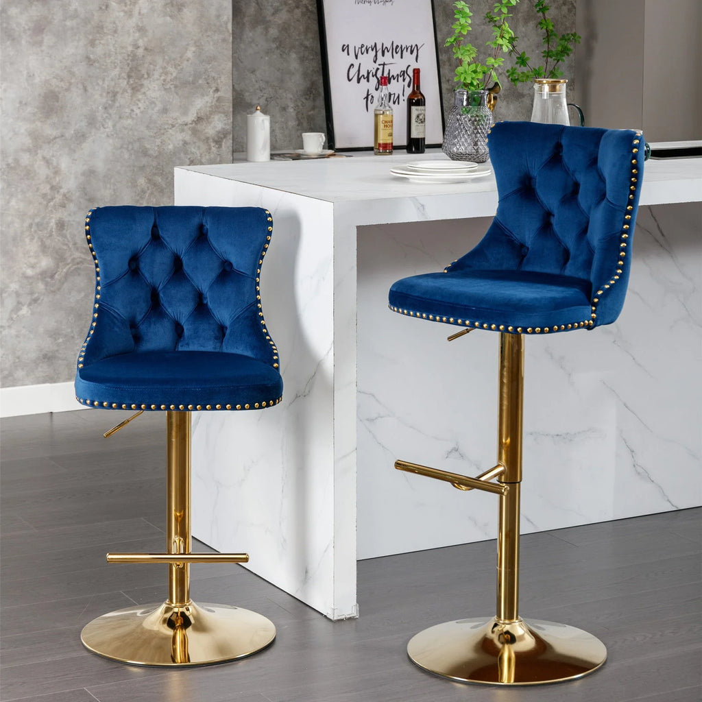 Golden Swivel Velvet Barstools Adjustable Height Blue Set of 2 L7915