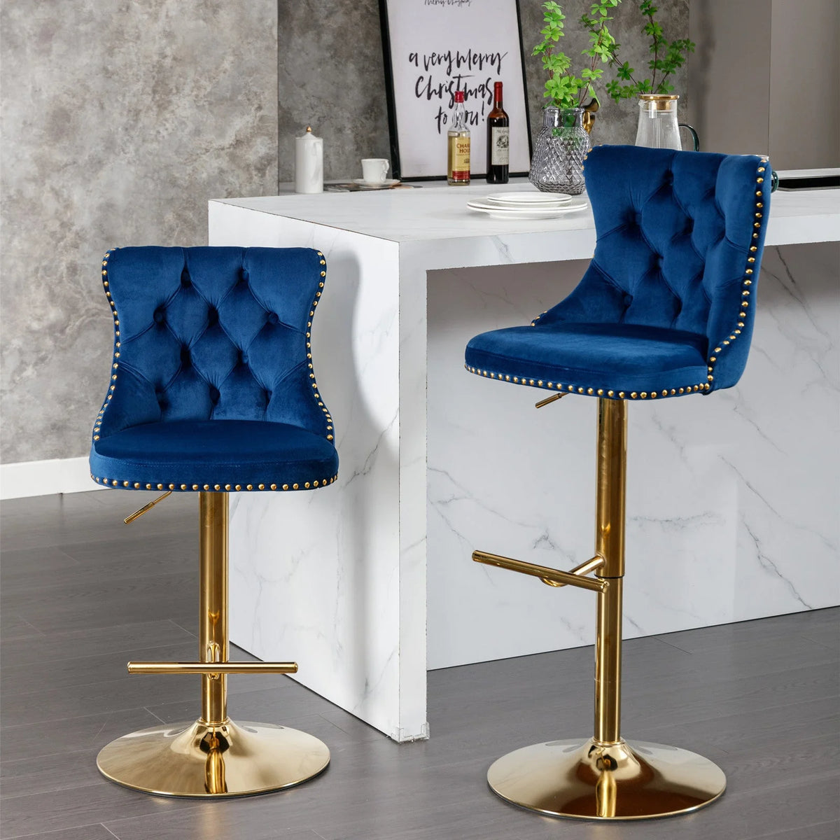 Golden Swivel Velvet Barstools Adjustable Height Blue Set of 2 L7915