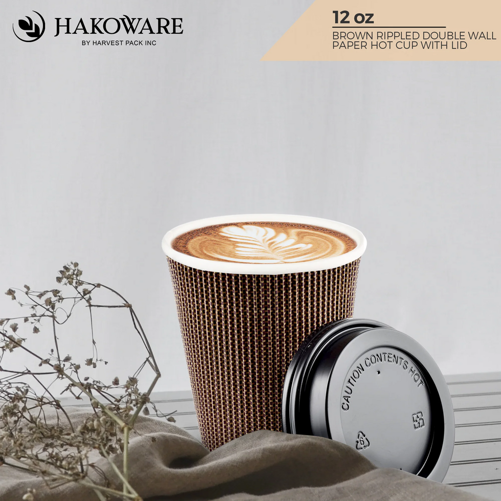 Disposable 12 fl oz Brown Rippled Double-Walled Paper Hot Cup with Lid 400 Sets K768833