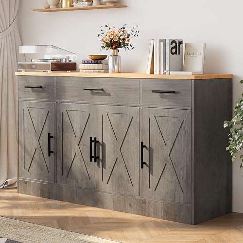 Ash Grey Wood Buffet Cabinet with 3 Drawers and 4 Doors B637026