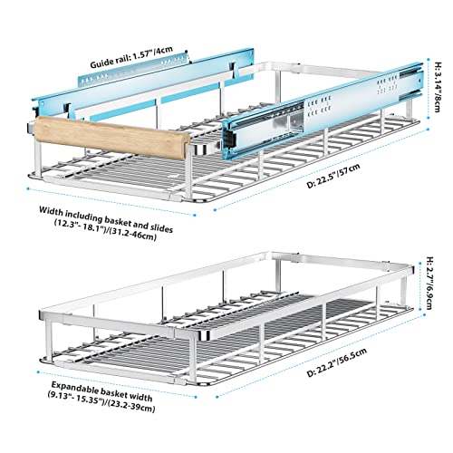 Extendable Slide Out Cabinet Organizer Pull Out Pantry Shelves Drawers Under Sink Sliding Basket, Adjusted Width 16.1"-26.3", 2 Pack N35101