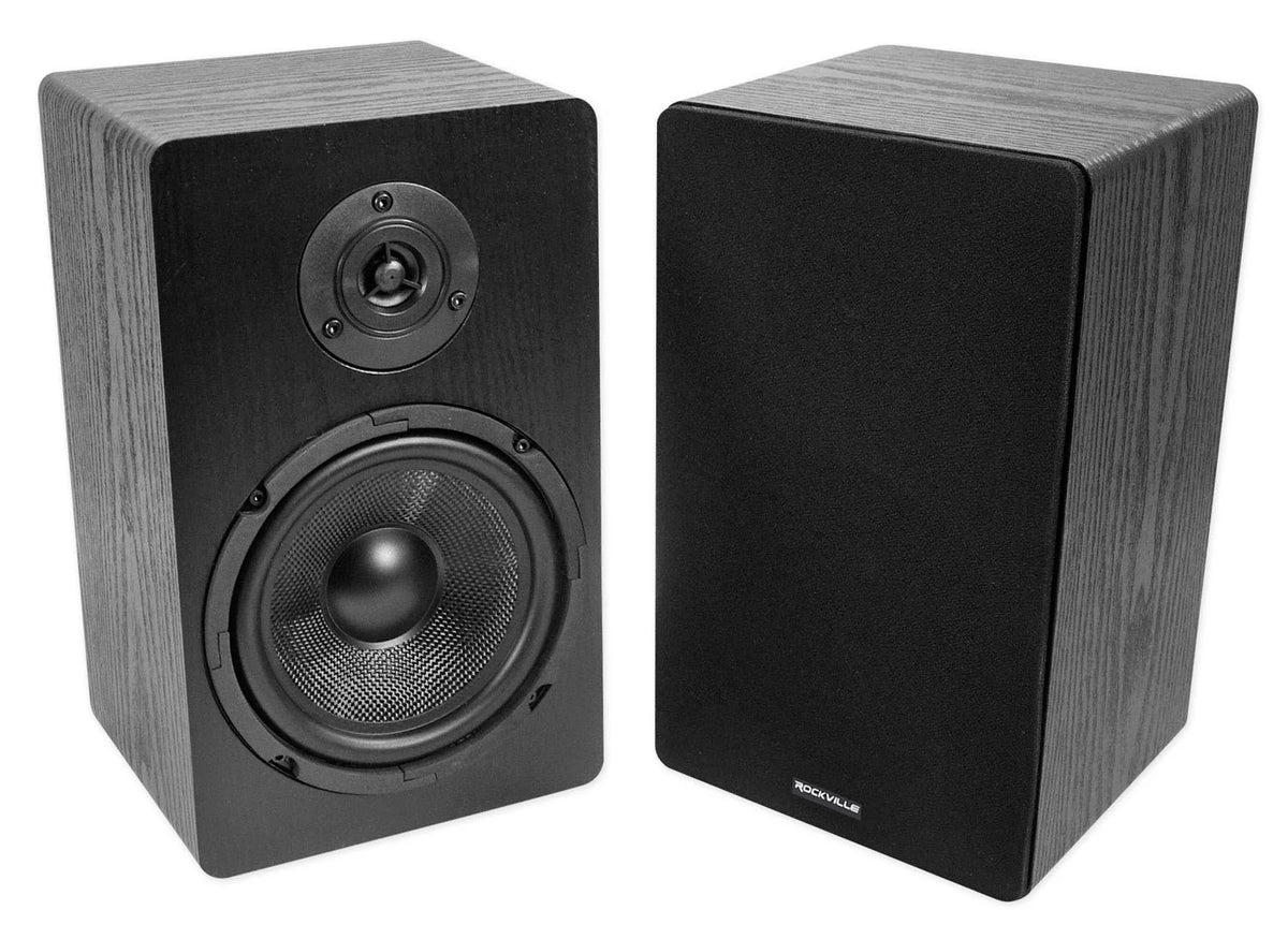 Black Bookshelf Speakers with Wood Stands and Speaker Wire S13948
