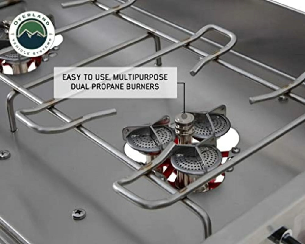 Stainless Steel Camp Kitchen with Dual Grill, Skillet, Folding Shelves, and Rocket Tower L875