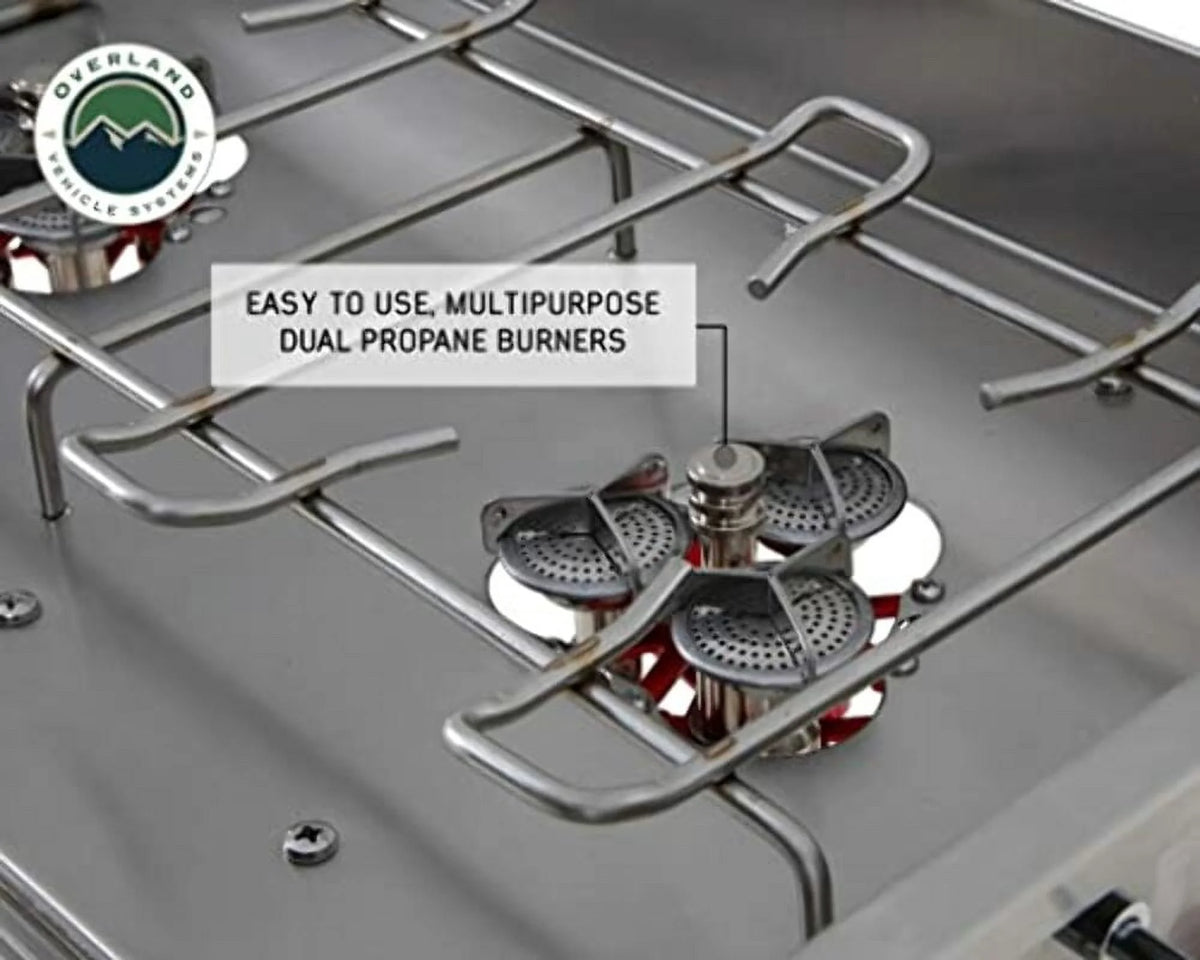 Stainless Steel Camp Kitchen with Dual Grill, Skillet, Folding Shelves, and Rocket Tower L875