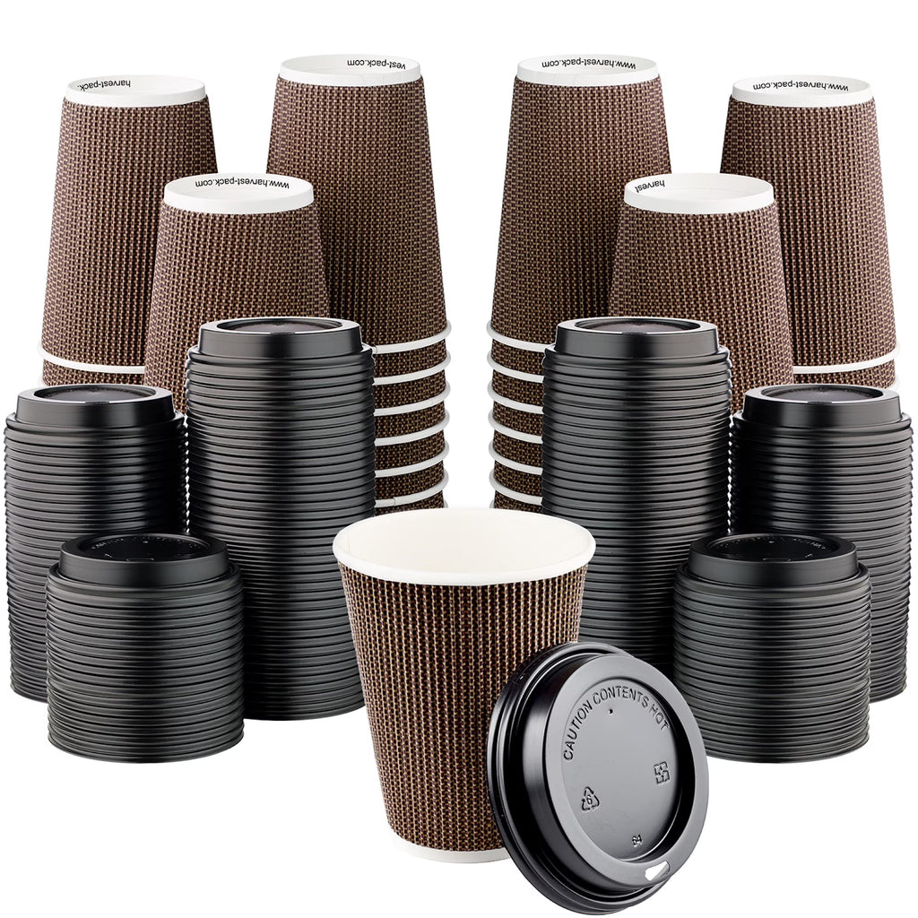 Disposable 12 fl oz Brown Rippled Double-Walled Paper Hot Cup with Lid 400 Sets K768833