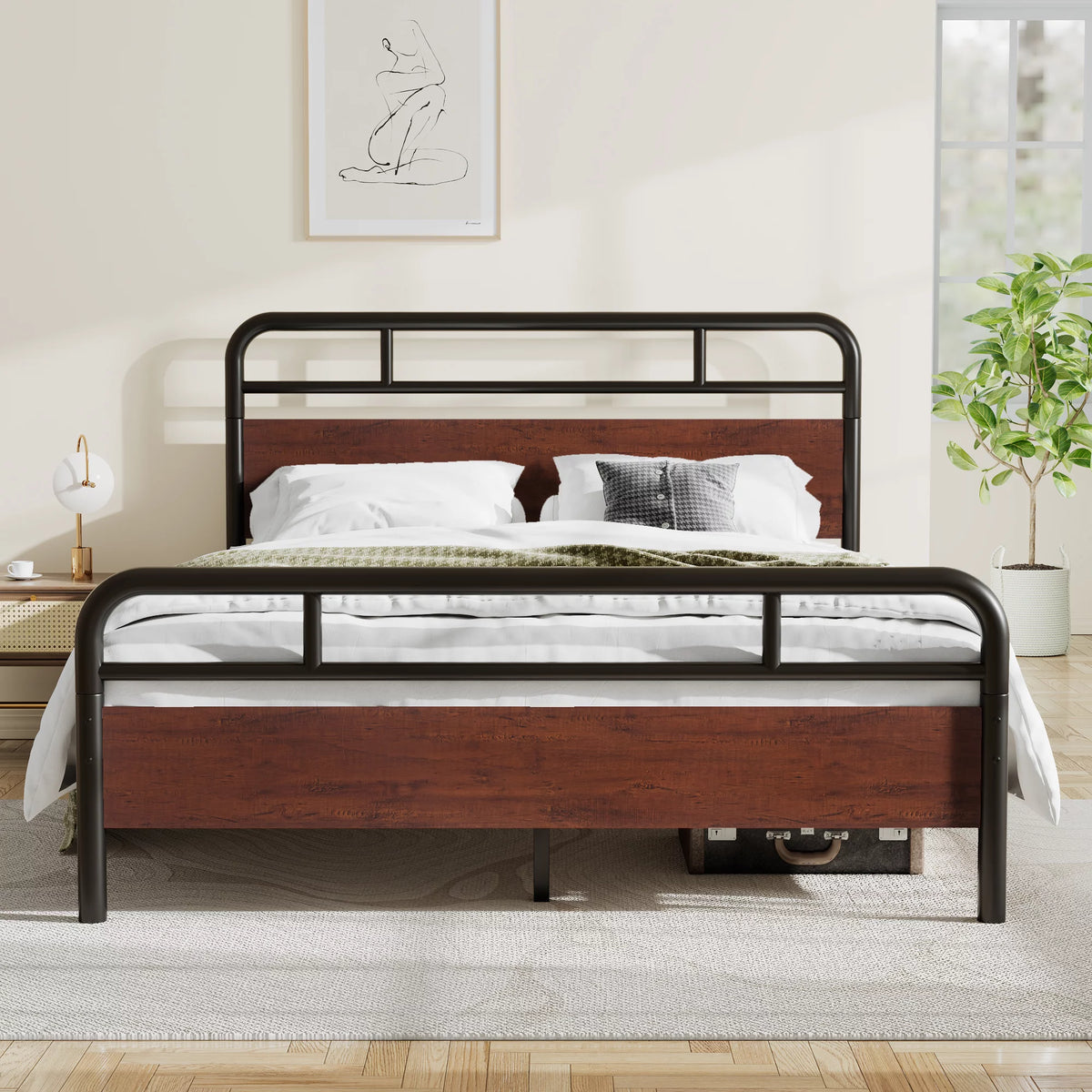 Dark Brown Queen Size Metal Platform Bed Frame with Wooden Headboard O48856