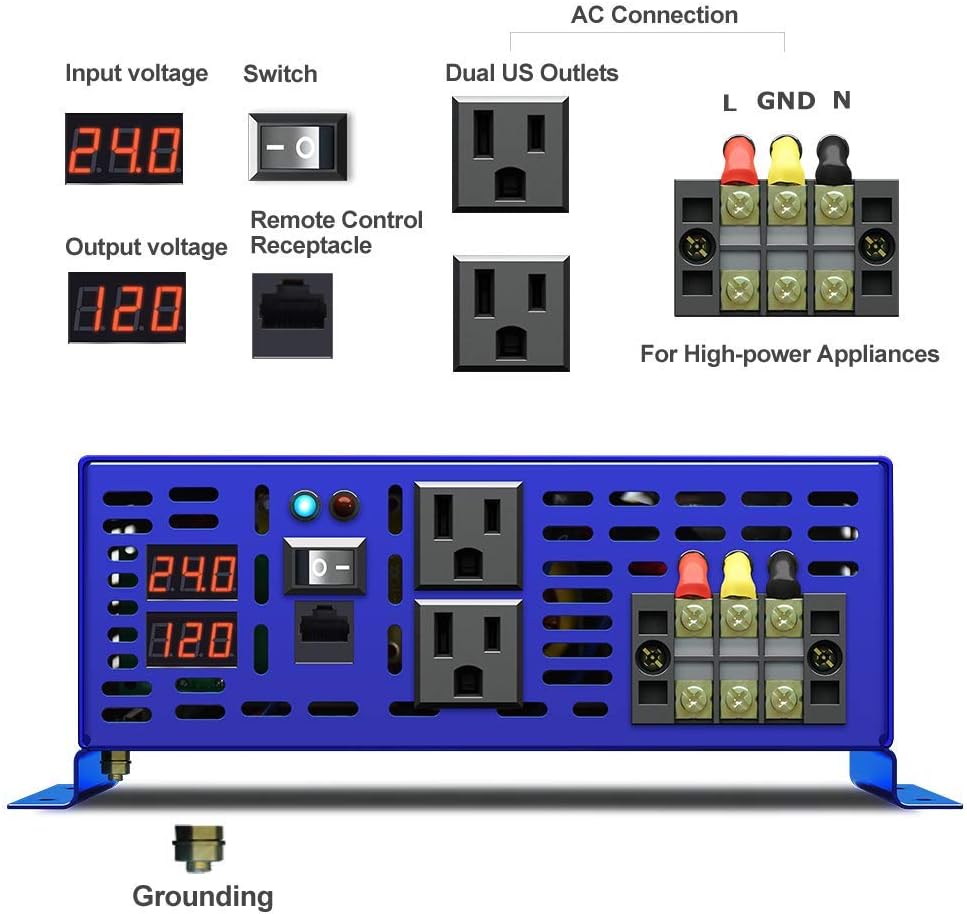 2000W Pure Sine Wave Power Inverter 24V DC to AC 120V with 15ft Remote Switch D8950