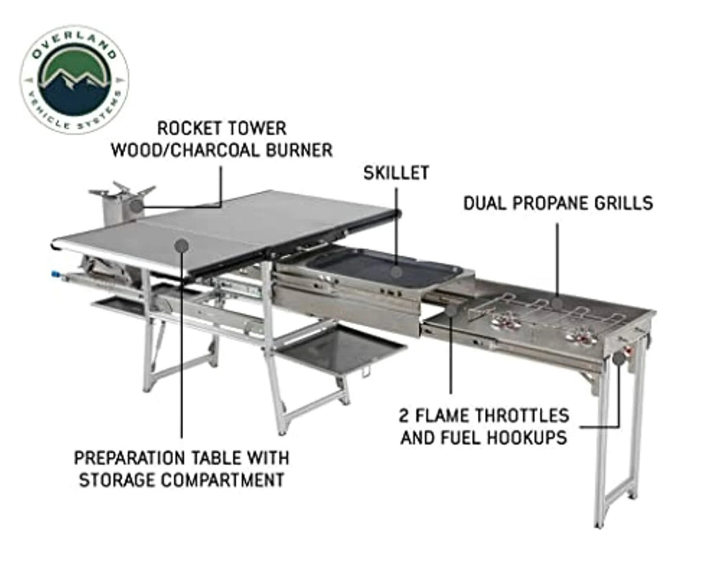 Stainless Steel Camp Kitchen with Dual Grill, Skillet, Folding Shelves, and Rocket Tower L875