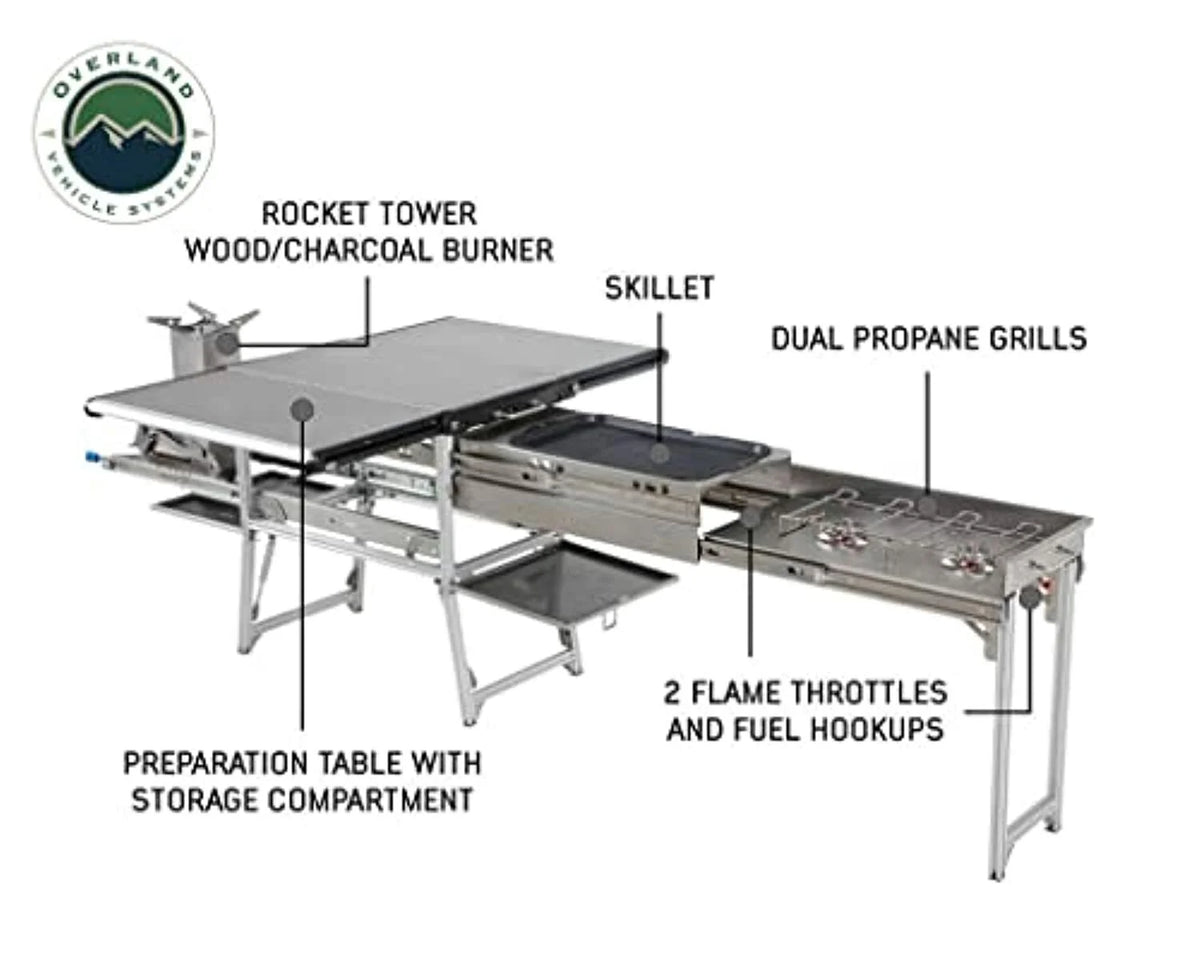 Stainless Steel Camp Kitchen with Dual Grill, Skillet, Folding Shelves, and Rocket Tower L875