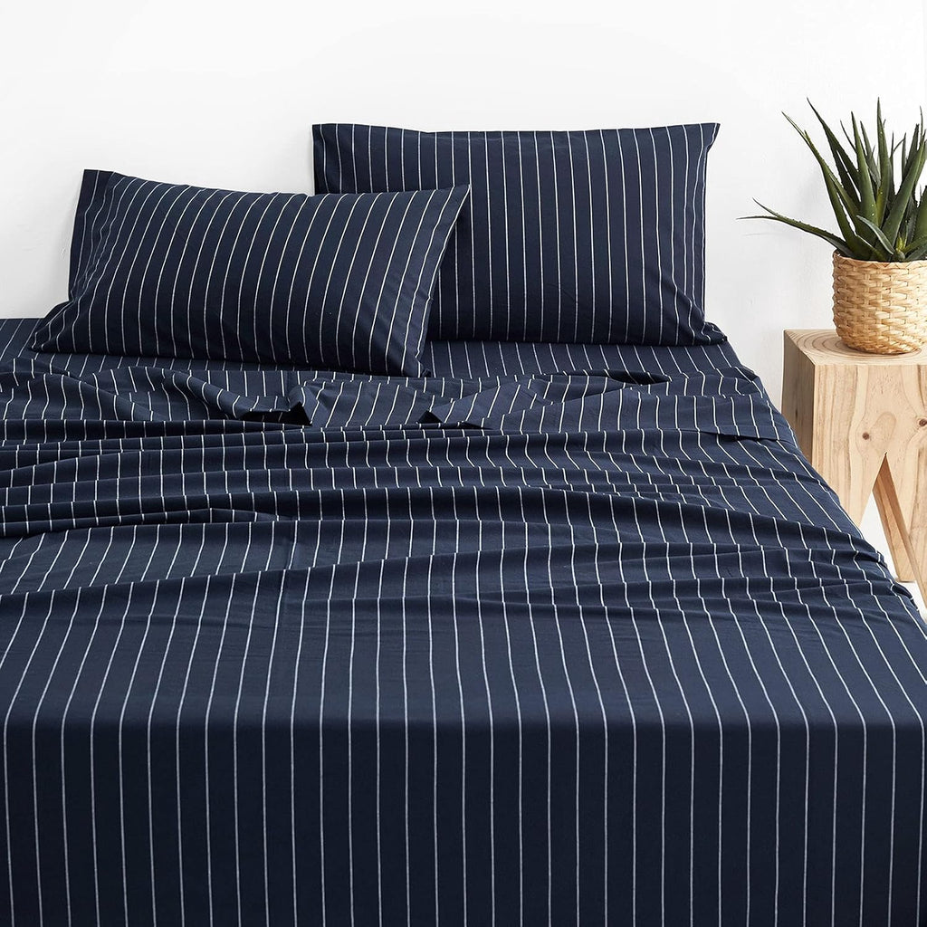 Navy Striped 100% Washed Cotton 4pcs King Size Sheet Set W933190