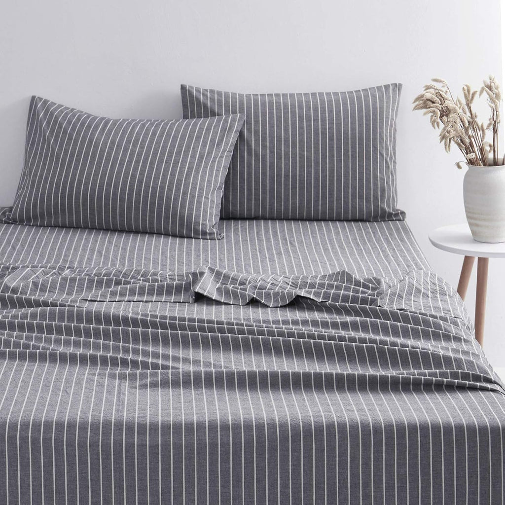 Navy Striped 100% Washed Cotton 4pcs King Size Sheet Set W933190