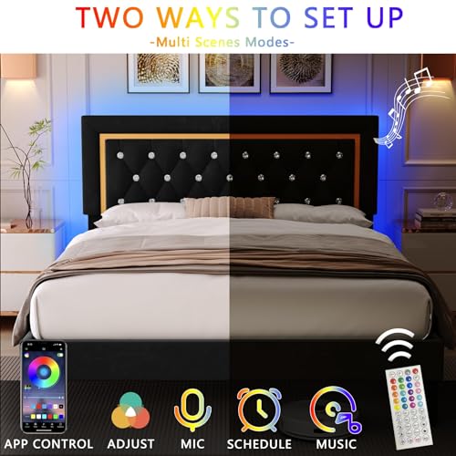 Black Upholstered Platform Bed Frame with LED Light I172