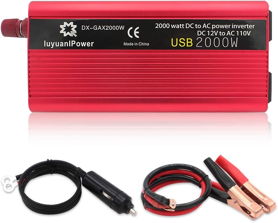 1200W DC to AC 12V to 110V Car Power Inverter with 3.1A USB and Battery Clips J919477