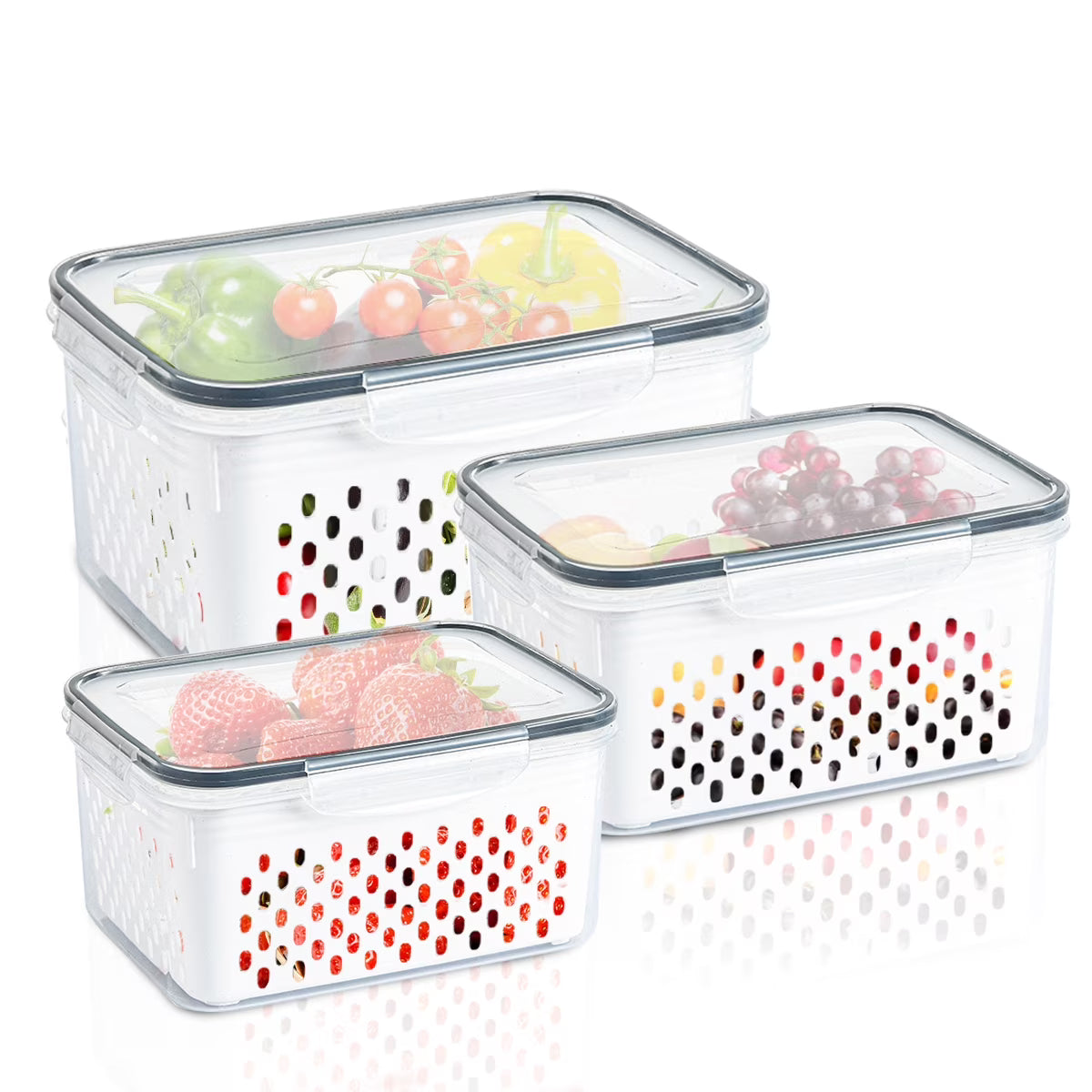 3 Pack Refrigerator Organizer Food Containers with Lids and Drain Colanders B597448