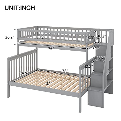 Twin Over Full Size Wood Bunk Bed with Trundle and Stairway N84148