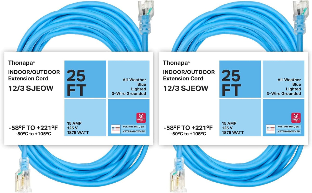 2 Pack 25 Ft All Weather Extension Cord with Lighted Outlet T203