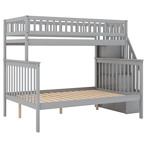Twin Over Full Size Wood Bunk Bed with Trundle and Stairway N84148