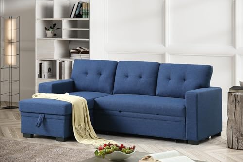 Blue Linen L Shaped Sectional Sofa with Pull Out Bed and Storage Chaise F39655