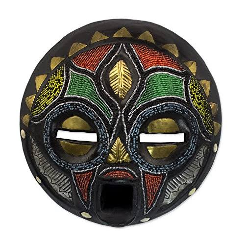 Hand Beaded African Wood Mask Wall Decor N1586