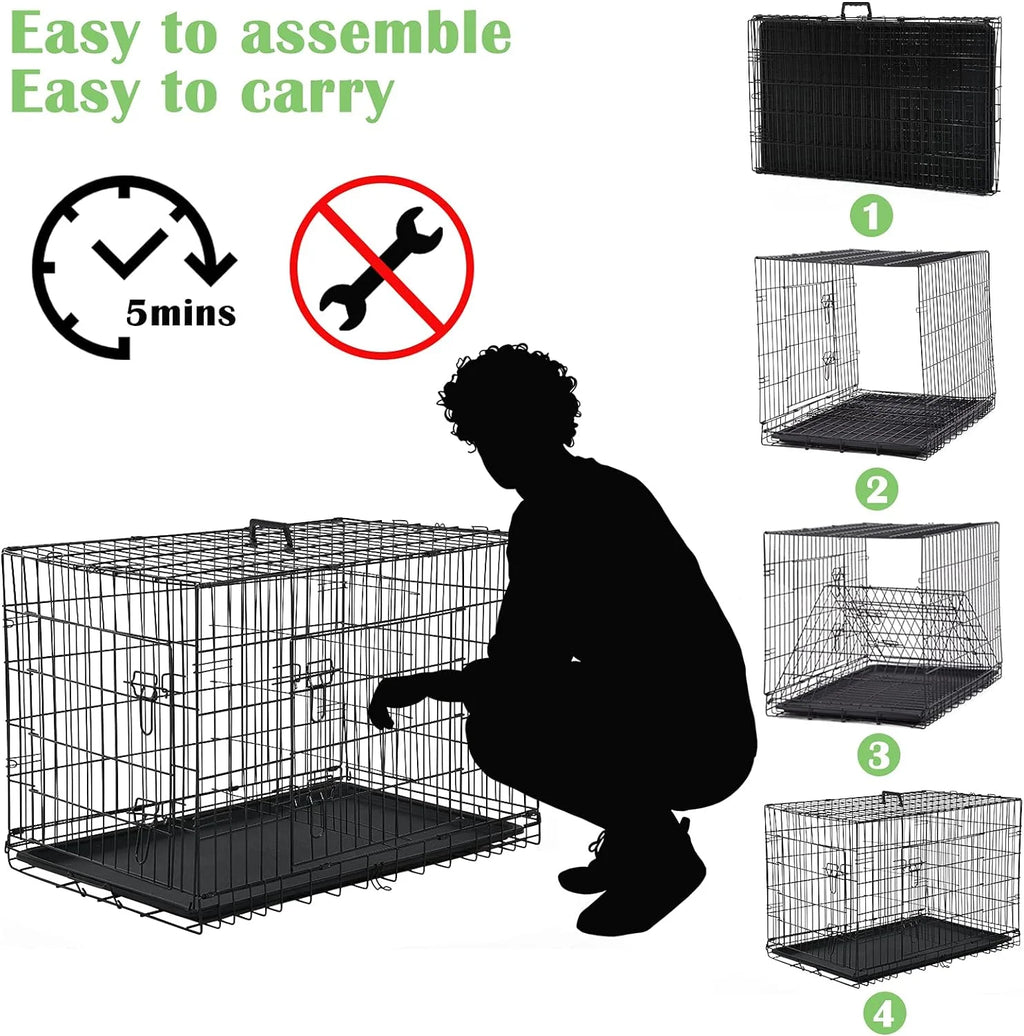 42 inch Double-Door Folding Metal Dog Crate with Plastic Tray C89384