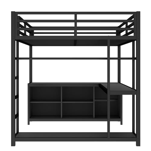 Queen Metal Loft Bed with Wardrobe, Desk and Shelves X3589