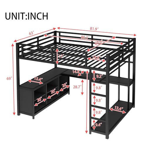 Queen Metal Loft Bed with Wardrobe, Desk and Shelves X3589
