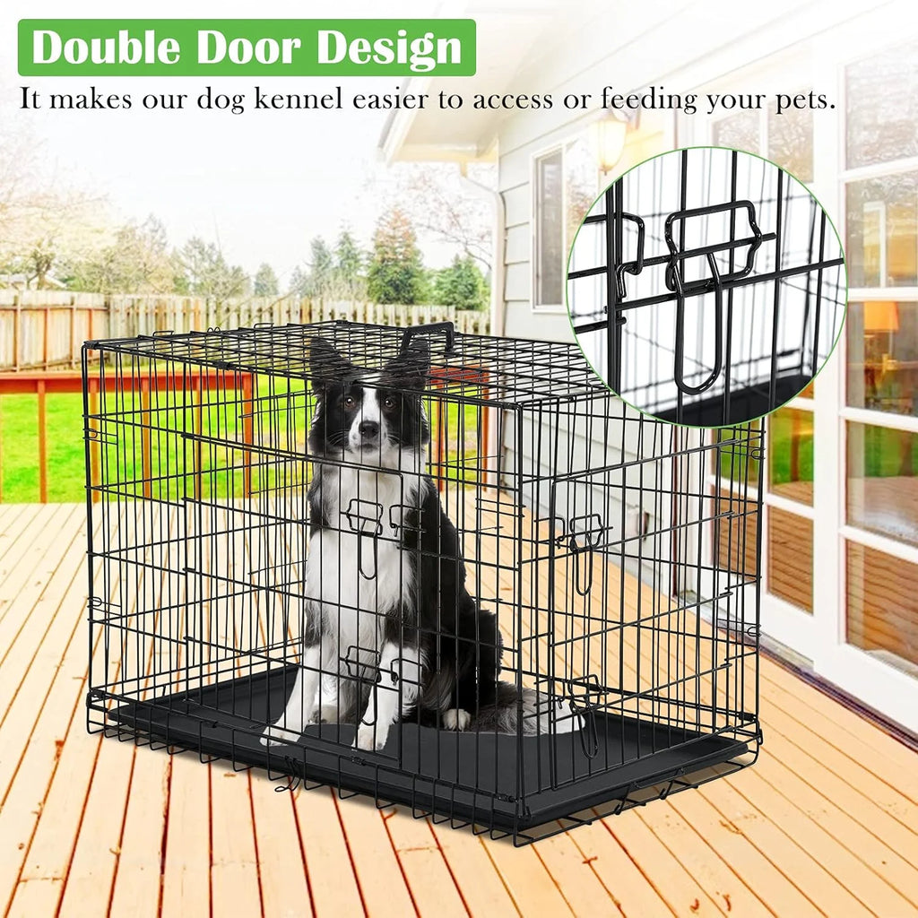 42 inch Double-Door Folding Metal Dog Crate with Plastic Tray C89384