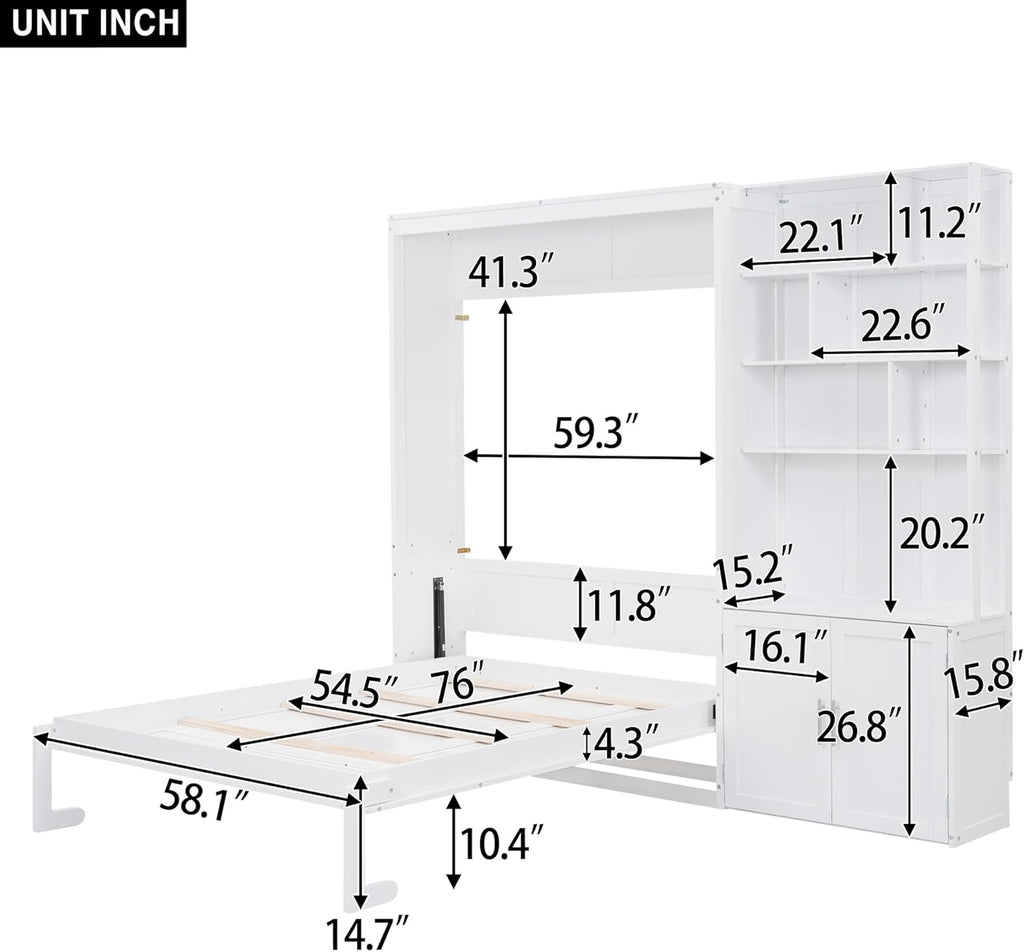 White Full Size Murphy Bed with Storage Cabinet and Shelves C692627