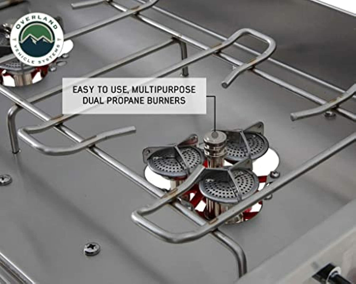 Stainless Steel Camp Kitchen with Dual Grill, Skillet, Folding Shelves, and Rocket Tower L875