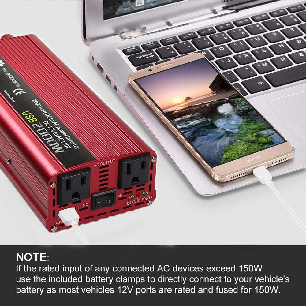 1200W DC to AC 12V to 110V Car Power Inverter with 3.1A USB and Battery Clips J919477