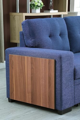 Blue Linen L Shaped Sectional Sofa with Pull Out Bed and Storage Chaise F39655