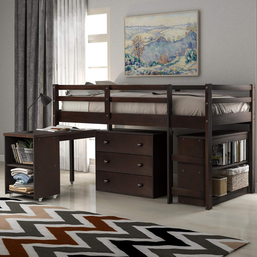 Twin Size Espresso Loft Bed with Desk and Storage Cabinet I670