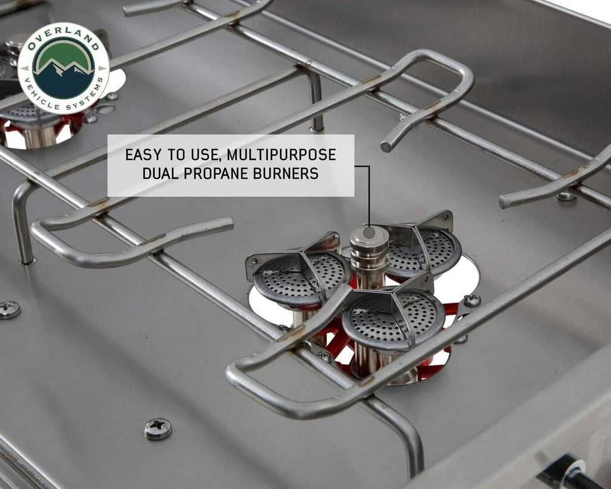 Stainless Steel Camp Kitchen with Dual Grill, Skillet, Folding Shelves, and Rocket Tower L875