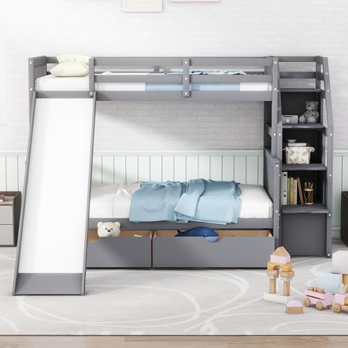 Twin Over Full Size Wood Bunk Bed with Trundle and Stairway N84148