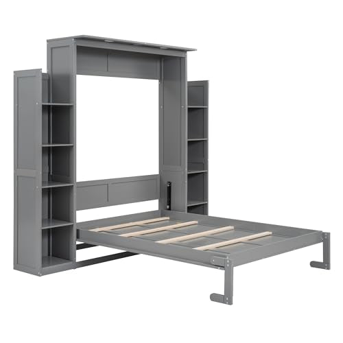 Queen Size Wood Murphy Bed with Shelves and LED Lights, Grey O3713