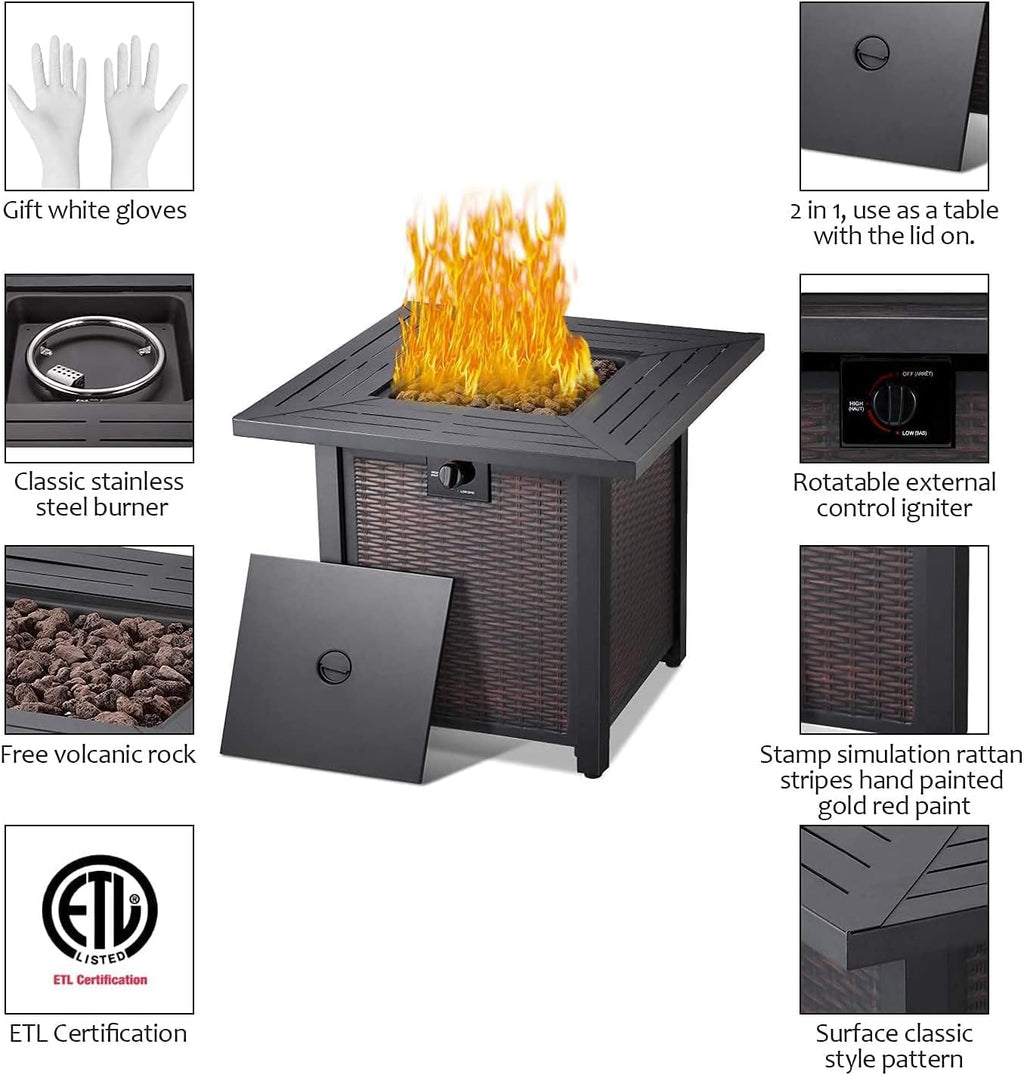 28 Inch 50,000 BTU Propane Fire Pit Table with Lid and Lava Stone B666