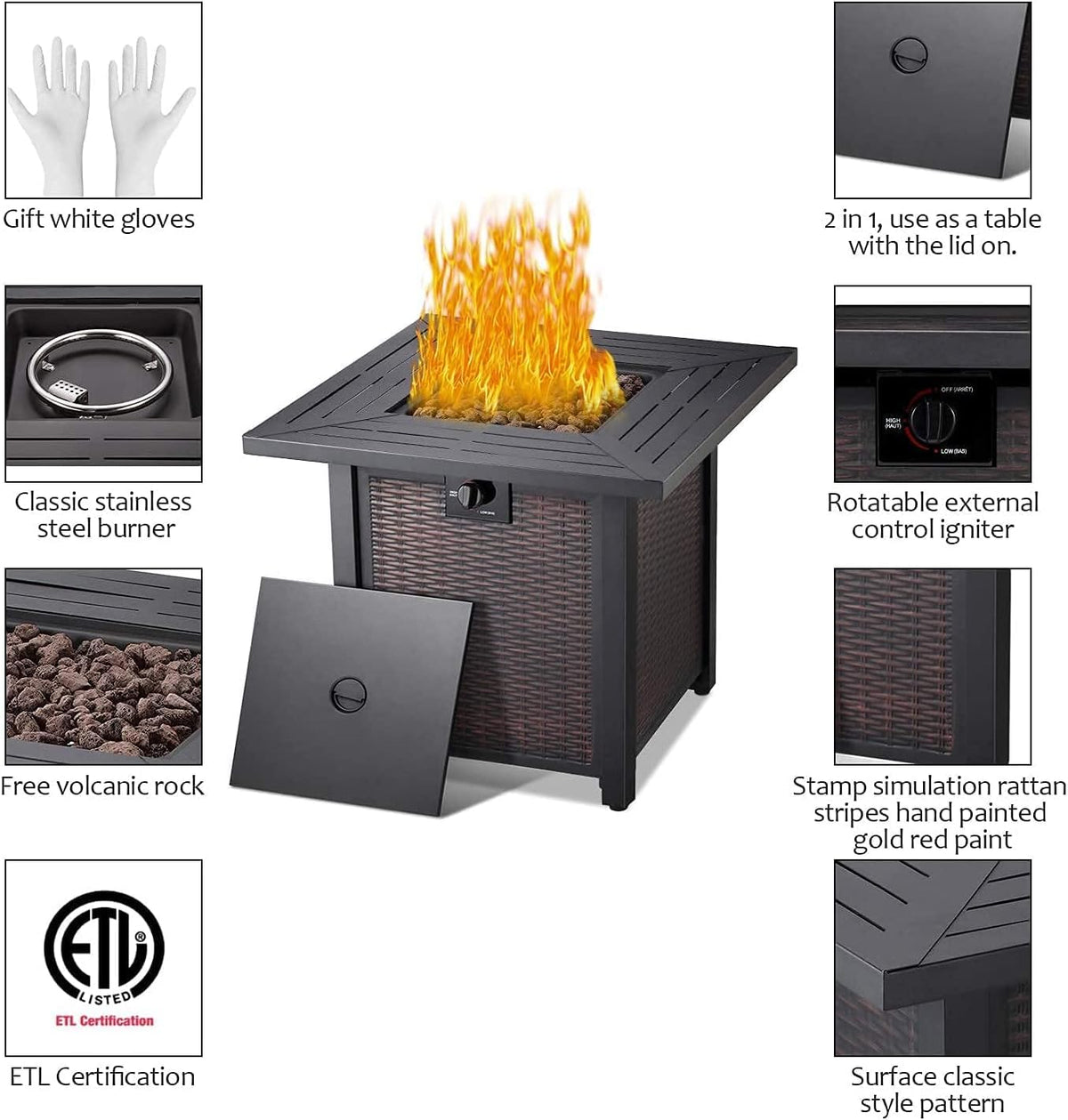 28 Inch 50,000 BTU Propane Fire Pit Table with Lid and Lava Stone B666