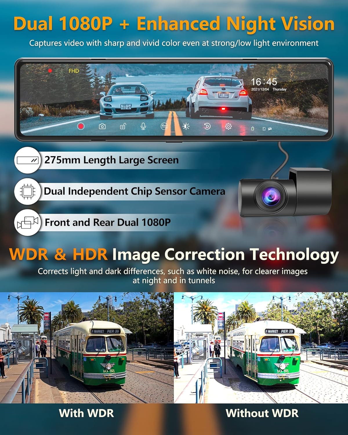 Mirror Dash Cam with Detached Front Camera 11 Rear View Mirror Camera Front and Rear FHD 1080P Waterproof Backup Camera Full Touch Screen with Night Vision H62667
