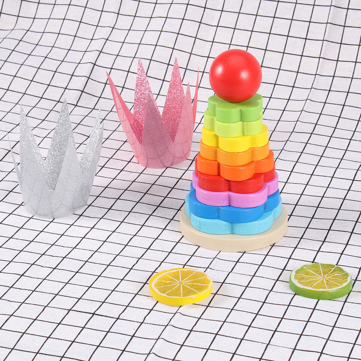 Rainbow Stacking Game Toy Circle Building Blocks Tower Educational Wooden Toy E5064